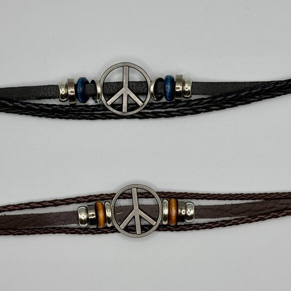 Boho Peace Sign Faux Leather Bracelet – 8” Blue and Black #1482 - Picture 9 of 10